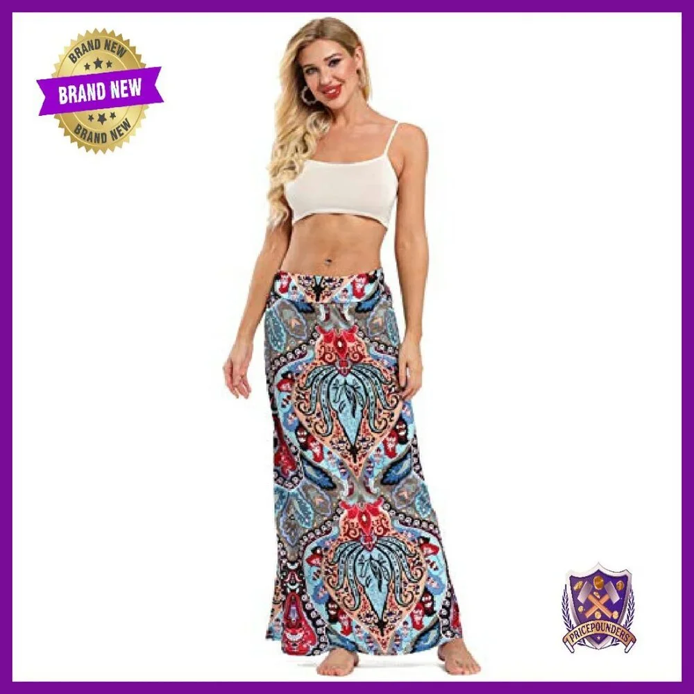 Long Maxi Skirt Elastic Waist Bohemian Print Lightweight Casual - Picture 4 of 8